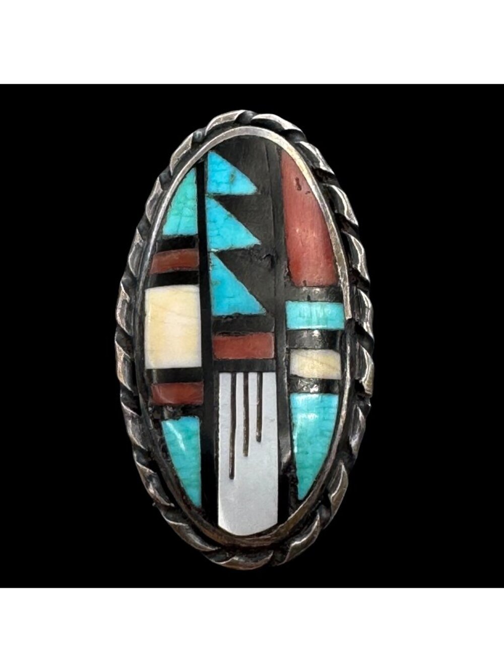 Vintage Zuni Sterling Silver Inlay Statement Ring Signed J.R.B. Sz 6.75 Bowannie - Picture 1 of 14
